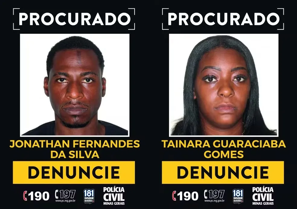 Jonathan Fernandes da Silva e Taianara Guaraciaba Gomes são procurados pela Polícia Civil por suspeita de homícidio em Juiz de Fora — Foto: Polícia Civil/Divulgação