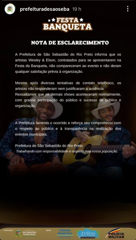 Imagem rede social prefeitura de São Sebastião do Rio Preto