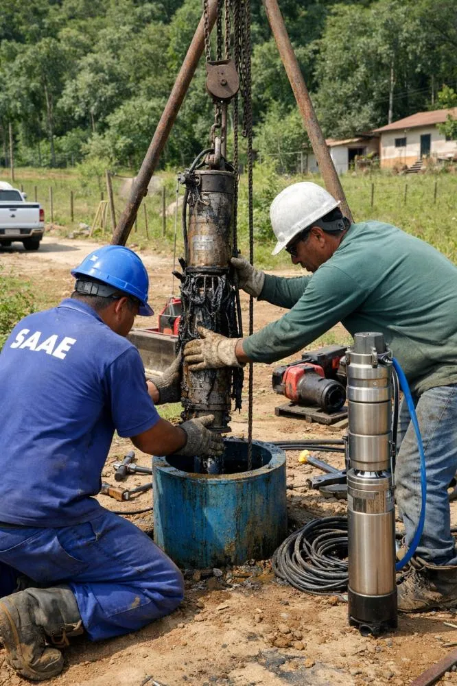 Imagem ilustrativa mostra equipe realizando manutenção em bomba de poço artesiano para restabelecimento do abastecimento de água. (Imagem criada por IA)